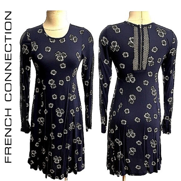 French Connection Navy & White Daisy Floral Print Long Sleeve Mesh Dress Size 6 - Picture 1 of 9